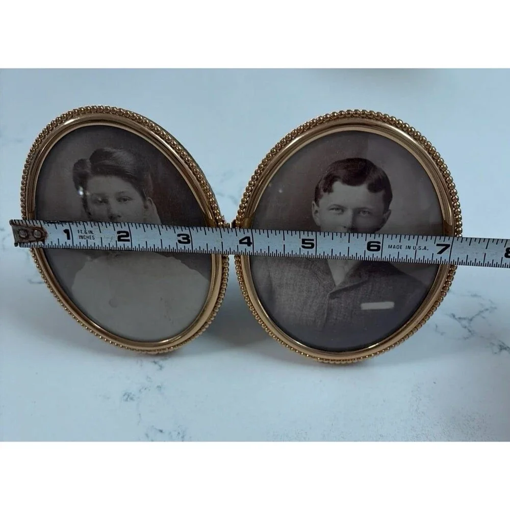 Vintage Gold-Tone Hinged Double Oval Picture Frames with Black & White Portraits